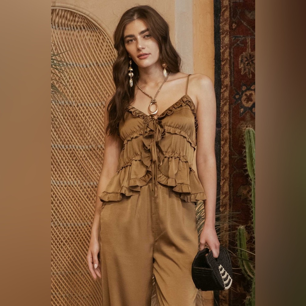 Ruffle Tiered Front Tie Satin Cami Top in Sand